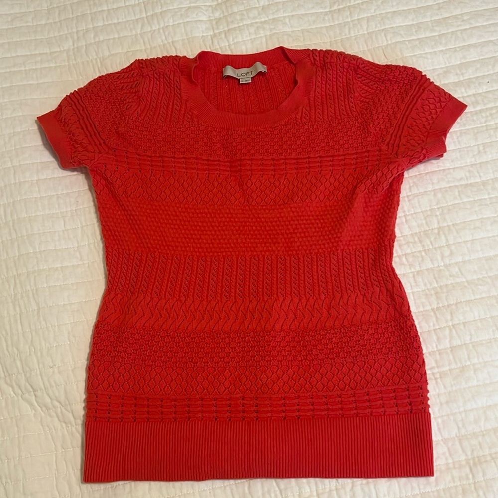 Loft Ann Taylor crochet knit neon coral red top tee XS